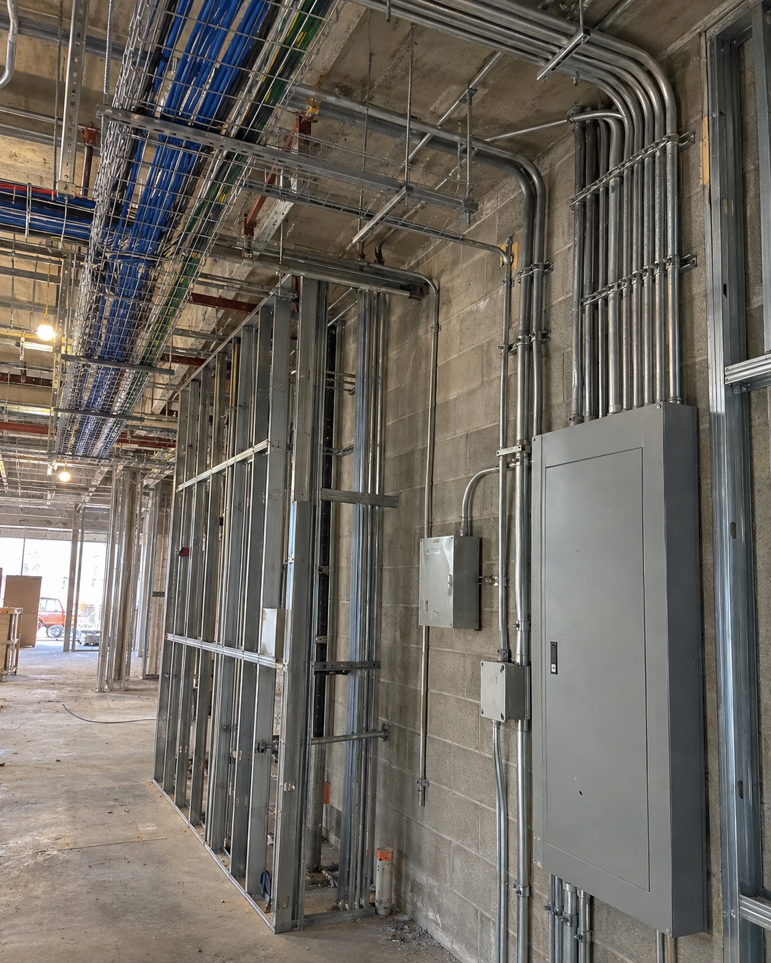 Commercial new-construction electrical wiring and conduit in an unfinished building