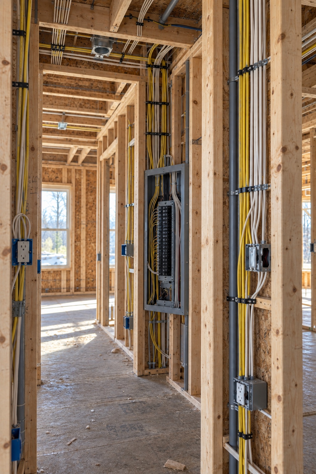 Residential new-construction electrical wiring in an unfinished home